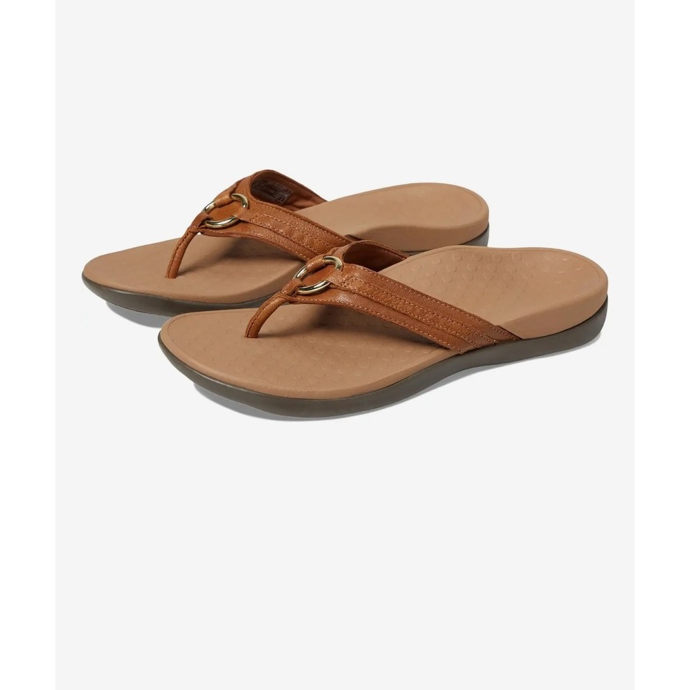 Vionic Aloe Thong Sandals Tan Leather Gold Ring Orthopedic Size 11